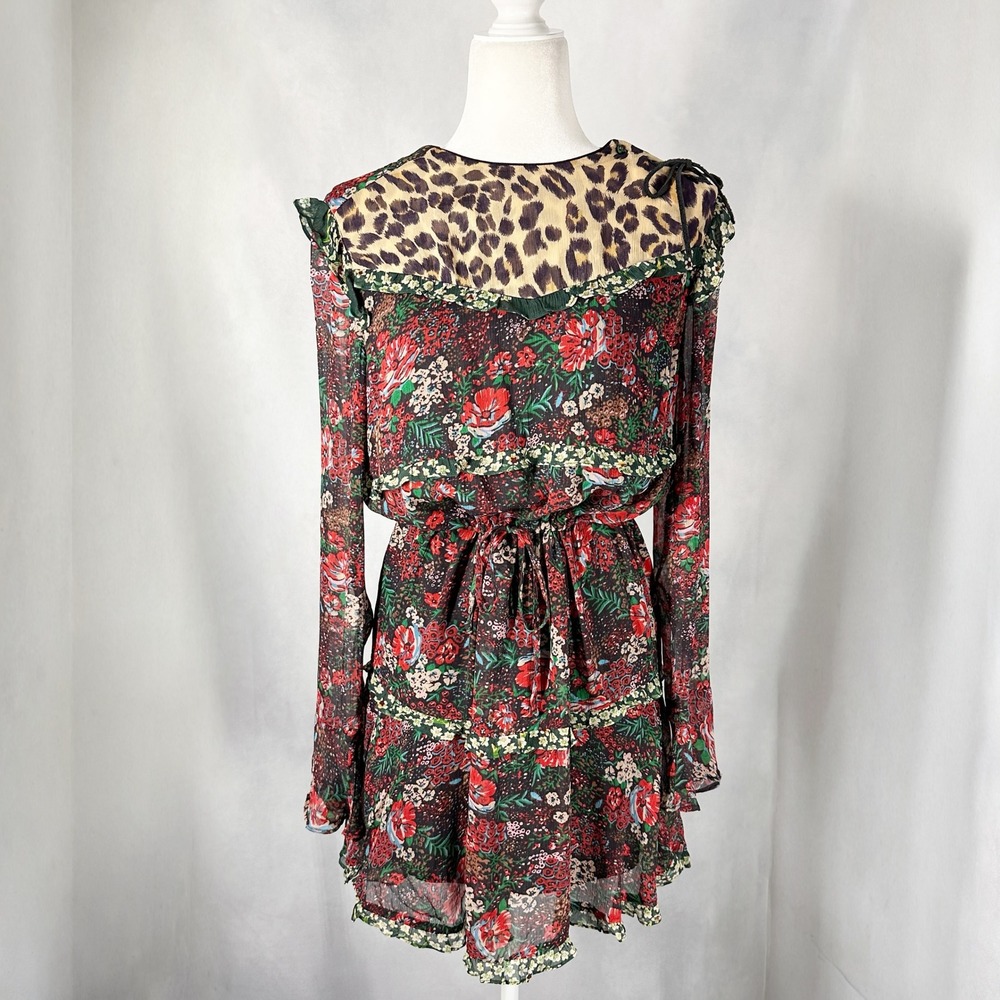 Scotch & Soda Le Jardin D'Apus Long Sleeve Mixed Floral Leopard Dress Size 1